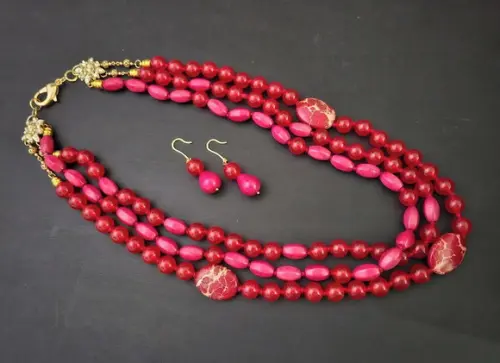 Conjunto de Colar e Brinco de Pedras Cornalina e Jasper