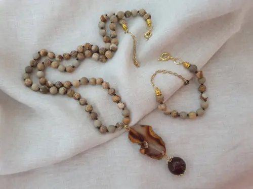 Conjunto De Colar E Pulseira Com Pedras Jasper Imperador