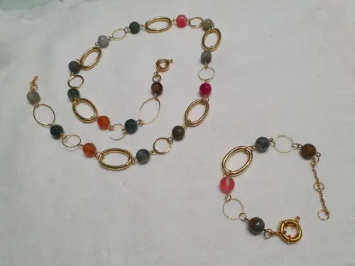 Conjunto de Colar e Pulseira de Pedra Natural Ágata