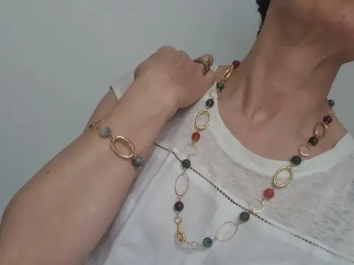 Conjunto de Colar e Pulseira de Pedra Natural Ágata