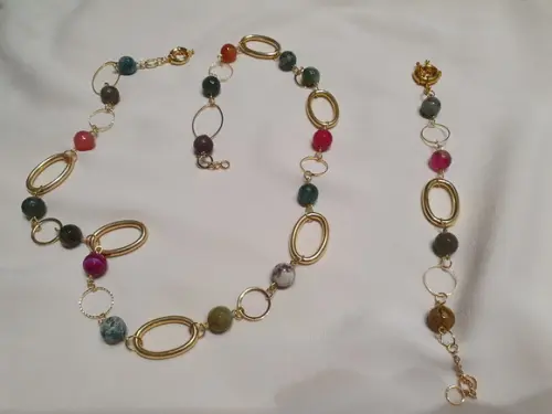 Conjunto de Colar e Pulseira de Pedra Natural Ágata