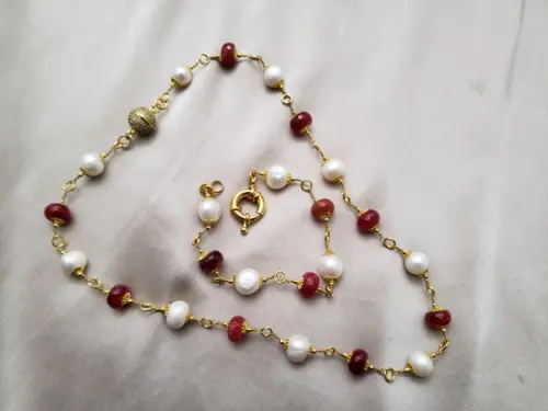 Conjunto de Colar e Pulseira de Pérola e Pedra Natural