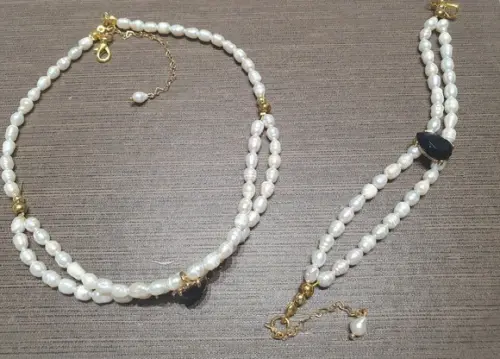 Conjunto de Pulseira Colar Banhado Duplo de Pérolas Naturais