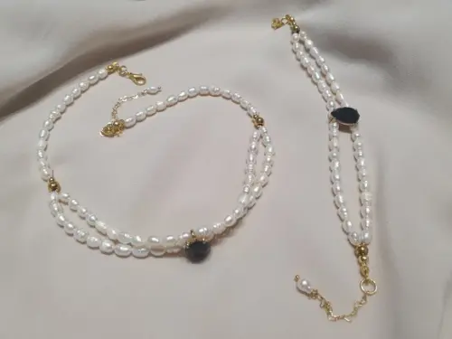 Conjunto de Pulseira Colar Banhado Duplo de Pérolas Naturais