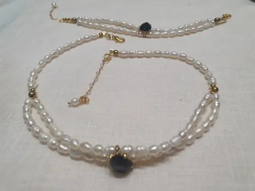 Conjunto de Pulseira Colar Banhado Duplo de Pérolas Naturais