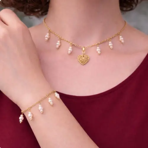 Conjunto de Pulseira e Colar com Pérolas Naturais-semijoias
