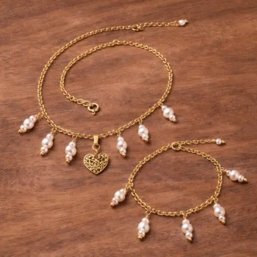 Conjunto de Pulseira e Colar com Pérolas Naturais-semijoias