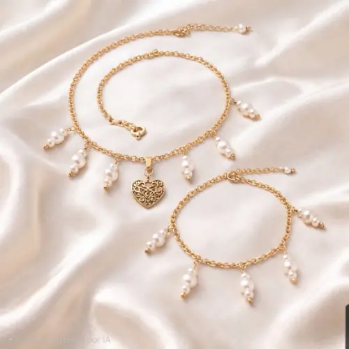 Conjunto de Pulseira e Colar com Pérolas Naturais-semijoias