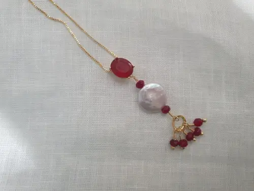 Corrente Banhada com Cristal Rubilita e Pérola Natural