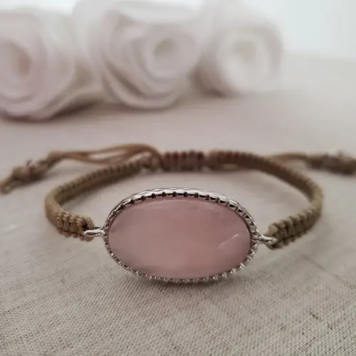 Pulseira Banhada a Prata e Pedra Natural Quartzo Rosa