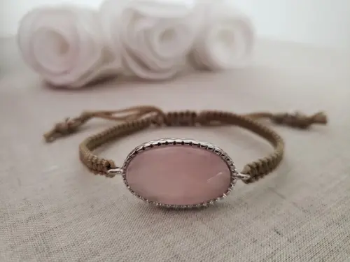 Pulseira Banhada a Prata e Pedra Natural Quartzo Rosa