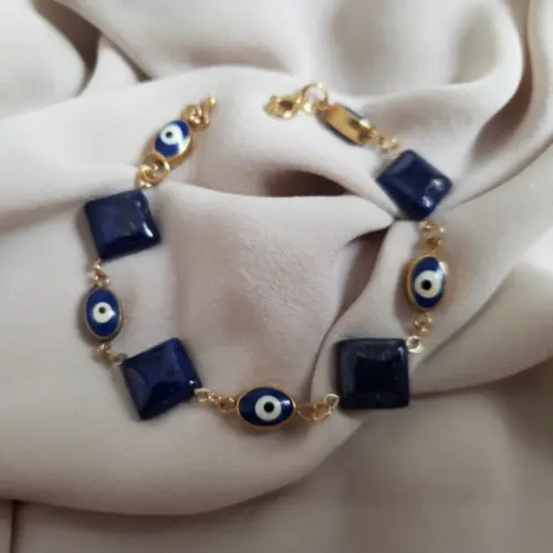 Pulseira Banhada com Pedra Natural Lápis Lazuli e Olho Grego