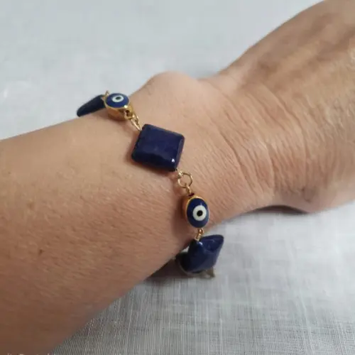 Pulseira Banhada com Pedra Natural Lápis Lazuli e Olho Grego