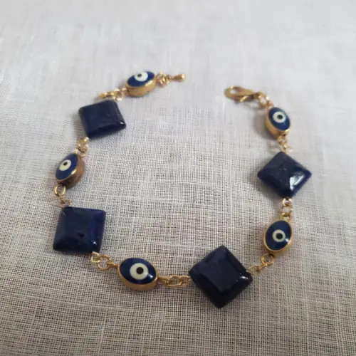Pulseira Banhada com Pedra Natural Lápis Lazuli e Olho Grego
