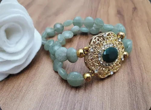 Pulseira com Pedras Naturais Jade e Cristal Verde Esmeralda
