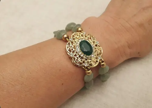 Pulseira com Pedras Naturais Jade e Cristal Verde Esmeralda
