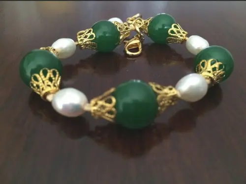 Pulseira De Pedra Natural Jade Verde E Pérolas