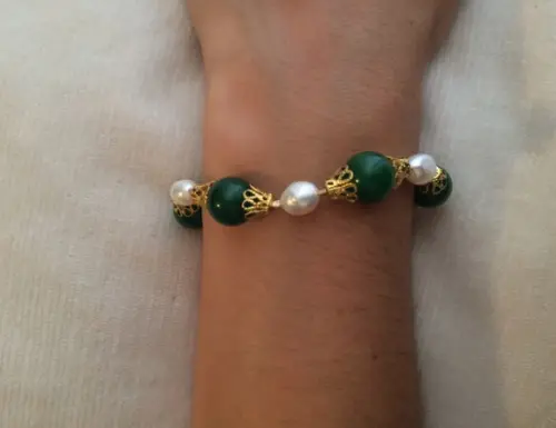 Pulseira De Pedra Natural Jade Verde E Pérolas