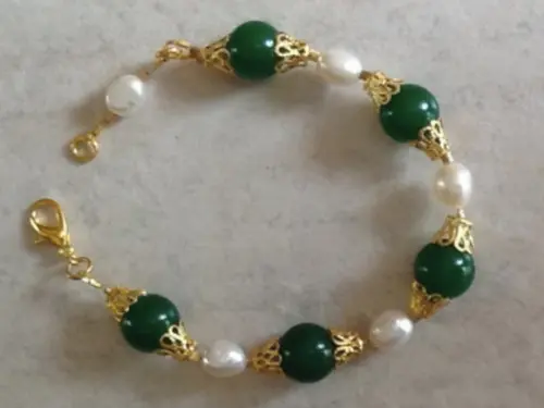 Pulseira De Pedra Natural Jade Verde E Pérolas