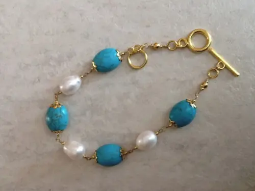 Pulseira de Pedra Turquesa e Pérolas Naturais- Semijoia