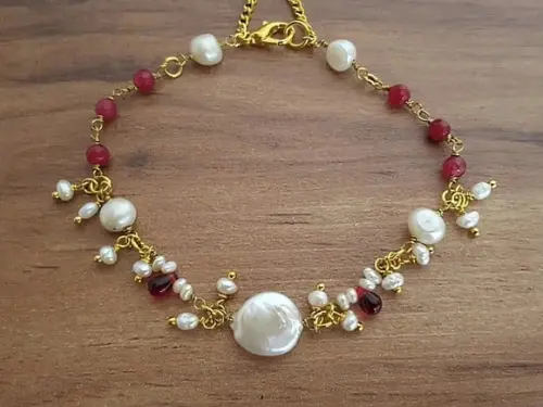 Pulseira de Pedras Jade Rubi e Pérolas Naturais
