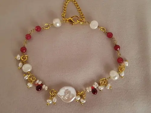 Pulseira de Pedras Jade Rubi e Pérolas Naturais