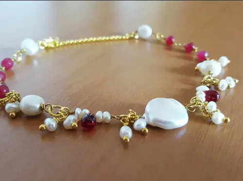 Pulseira de Pedras Jade Rubi e Pérolas Naturais