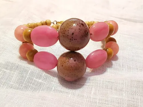Pulseira de Pedras Naturais Morganite e Madeira