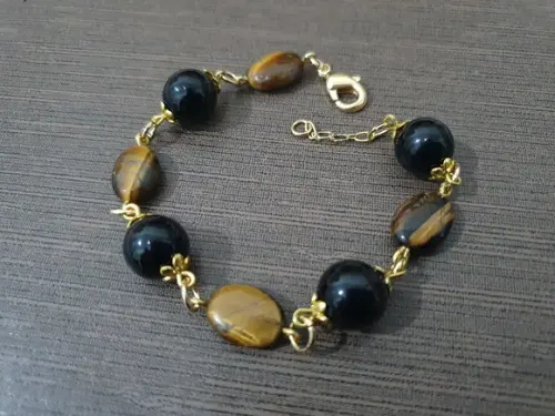 Pulseira de Pedras Naturais Olho de Tigre e Obsidiana