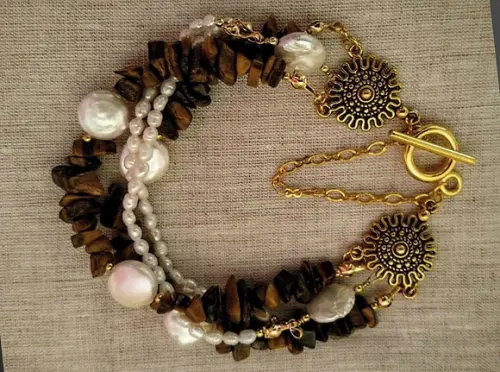 Pulseira de Pedras Olho de Tigre e Pérolas Naturais