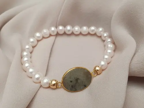 Pulseira de Pérolas Barrocas e Pedra Natural Labadorita