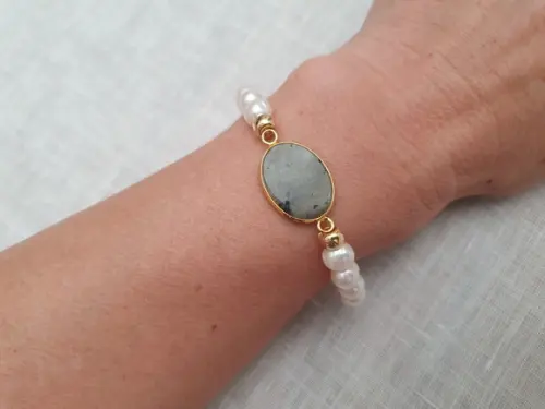 Pulseira de Pérolas Barrocas e Pedra Natural Labadorita