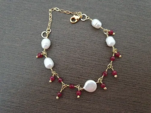 Pulseira De Pérolas De Água Doce E Jade Rubi
