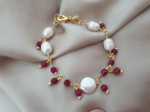 Pulseira De Pérolas De Água Doce E Jade Rubi