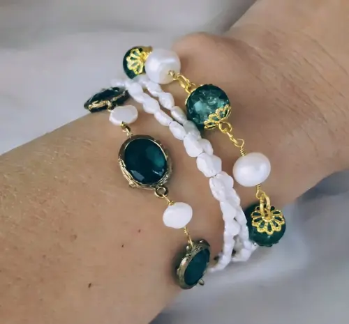 Pulseira de Pérolas Naturais e Cristais Fusion Verde