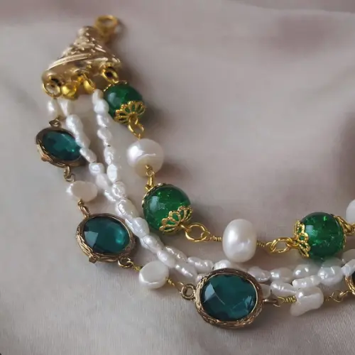 Pulseira de Pérolas Naturais e Cristais Fusion Verde