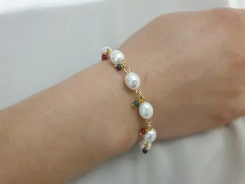Pulseira de Pérolas Naturais e Jade Rubi Semijoia
