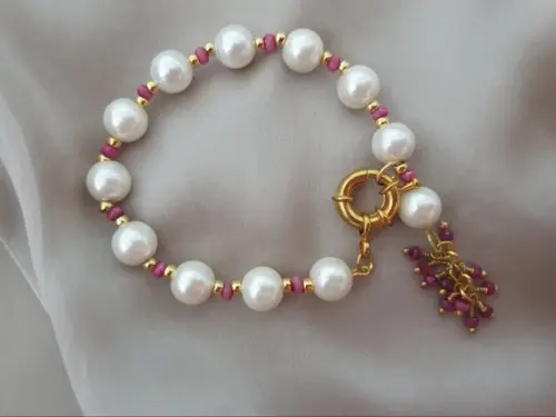 Pulseira de Pérolas Naturais e Jade Rubi Semijoia