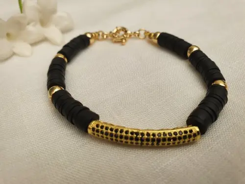 Pulseira Dourada Banhada com Discos de Silicone Preto