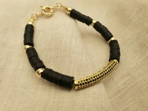 Pulseira Dourada Banhada com Discos de Silicone Preto