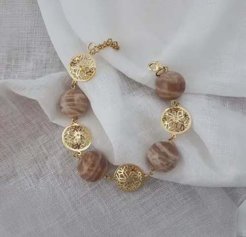 Pulseira Dourada Banhada de Pedras Naturais Ágata Listrada