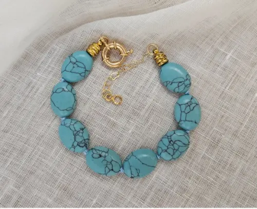 Pulseira Dourada de Pedra Natural Hawlita Azul
