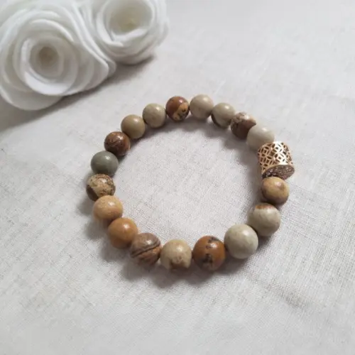 Pulseira Dourada de Pedras Naturais Jaspe Imperador