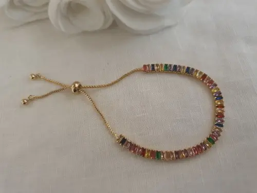 Pulseira Riviera Dourada com Cristais Coloridos