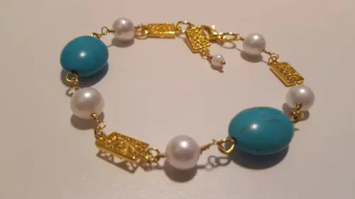 Pulseira Turquesa e Pérolas - SEMI JÓIA