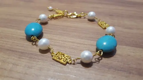 Pulseira Turquesa e Pérolas - SEMI JÓIA
