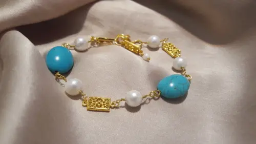 Pulseira Turquesa e Pérolas - SEMI JÓIA