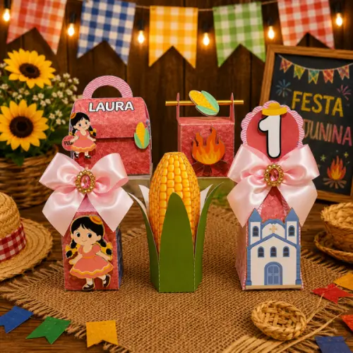 Kit 20 Caixas 3D Personalizadas Lembrancinha Festa de Aniversario Junina