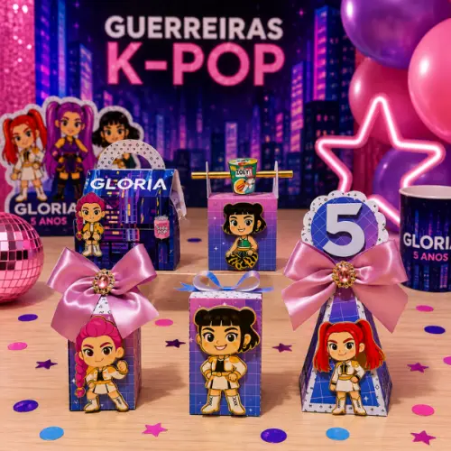 Kit 20 Caixas 3D Personalizadas Lembrancinha Festa de Aniversario Guerreiras K-pop