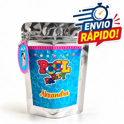 Saquinho Metalizado Pool Party Ziploc c/Nome e Idade + Tag c/ Correntinha